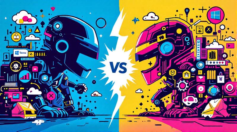 Face-off action between two PowerShell figures, Classic Windows PowerShell on the left and modern PowerShell Core on the right, both in dynamic, energetic rivalry.