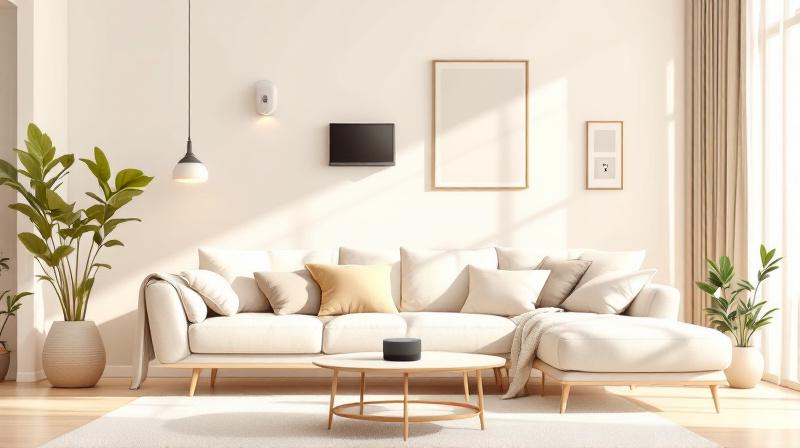 A contemporary living room featuring integrated smart home devices in a modern, inviting style with a soft neutral background.