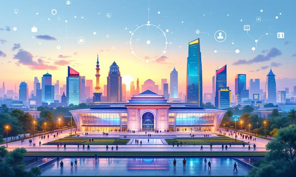 Illustration of New Delhi skyline with an AI summit convention center and abstract data networks