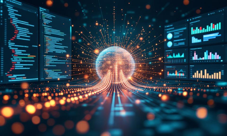 Claude Opus 4.6 hero illustration: model core streaming tokens into a large context window alongside code, spreadsheet, and slides panels