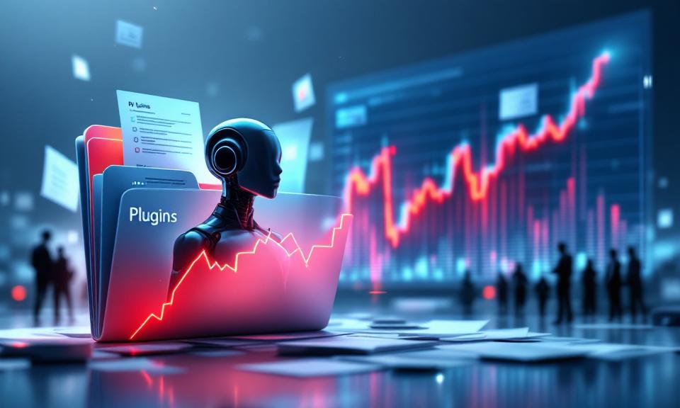 AI assistant emerging from Plugins folder with stock chart drop and legal documents