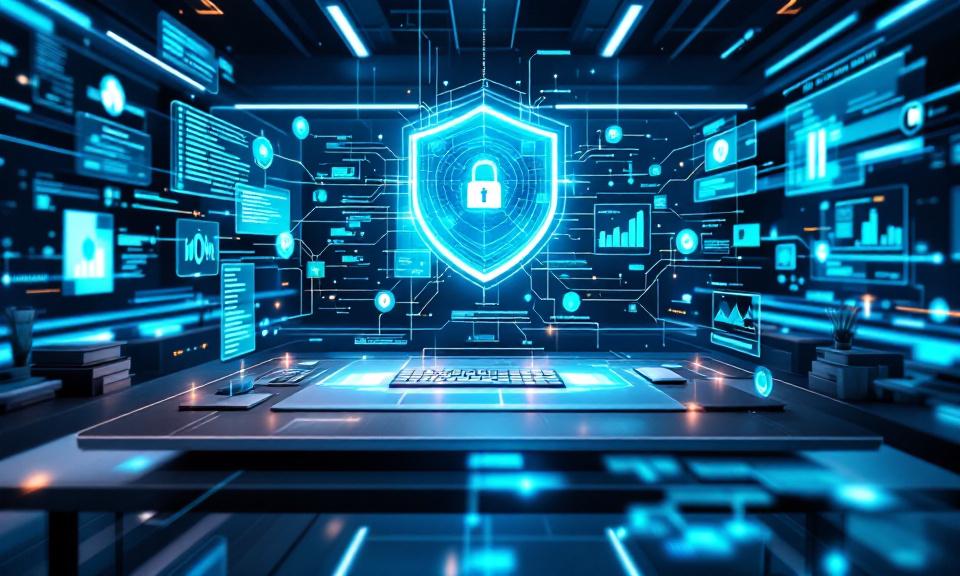 Futuristic enterprise workspace with holographic code and agent workflows