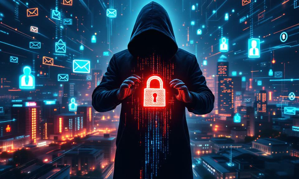 Hooded attacker controlling a ransomware padlock vs AI defenders