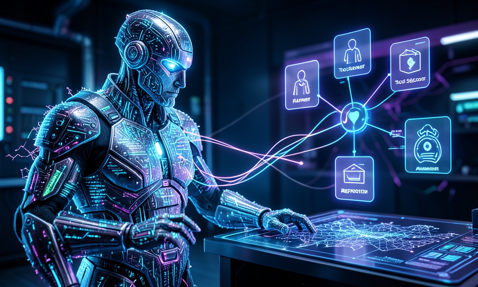 Guardian AI overseeing a holographic control panel with agent icons and security tool nodes