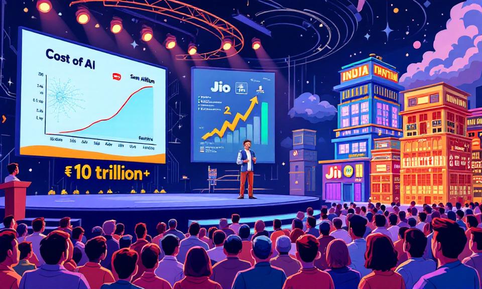 Cartoonish illustration of India AI Impact Summit with Sam Altman and Jio pavilion