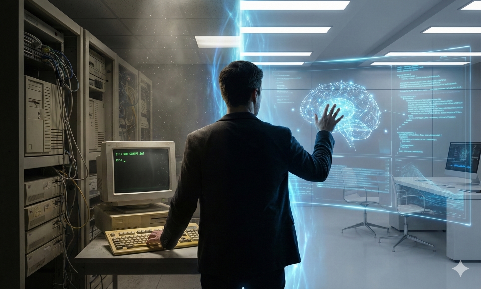 Engineer bridging the gap between old dusty server room with DOS monitor and futuristic AI holographic interface