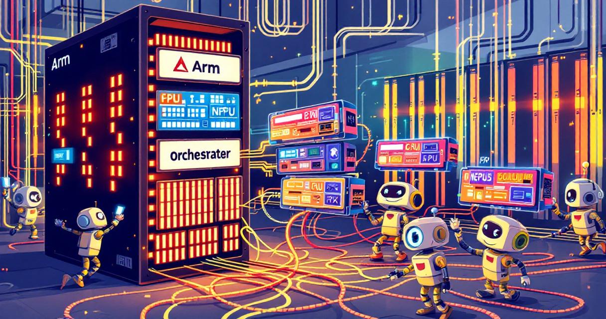 Cartoonish rack of Arm chips orchestrating robot agents and accelerators