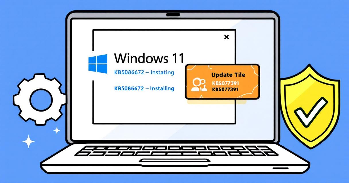 Laptop showing Windows 11 update KB5086672 installing, replacing KB5079391