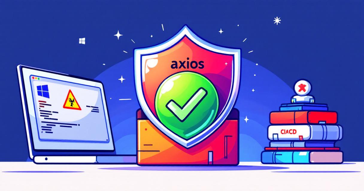 Cartoonish axios package box repelled by security shield