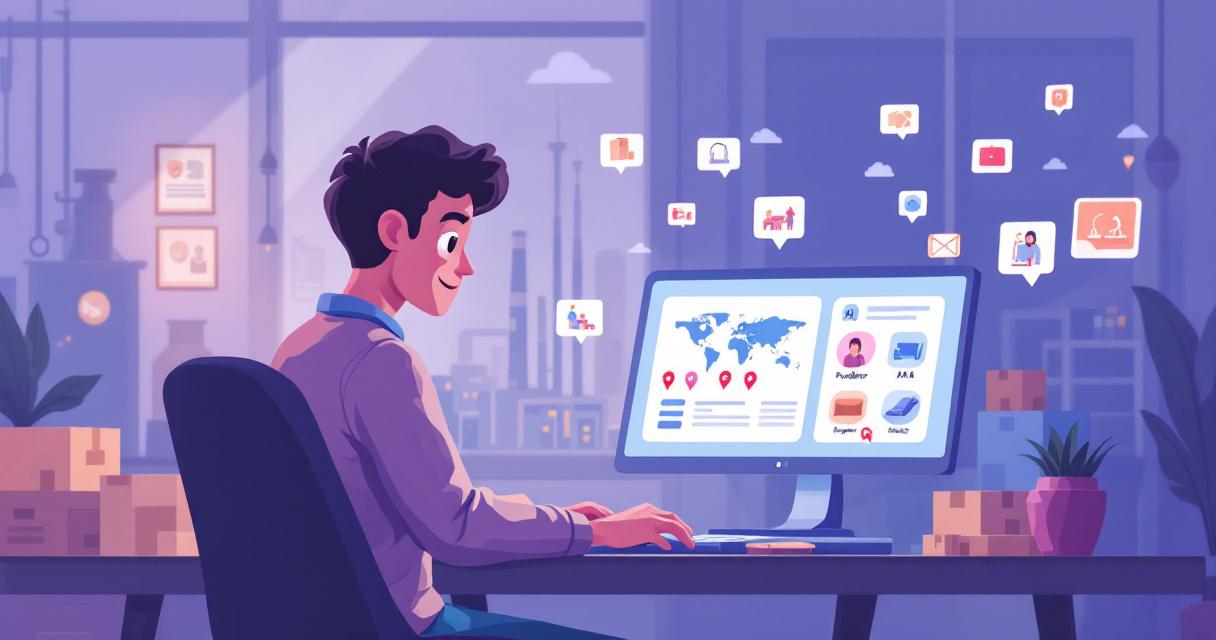 Illustration of a small online seller using an AI sourcing assistant