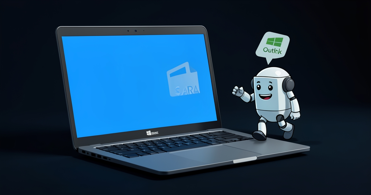 Cartoon illustration of a friendly SaRA robot walking away from a Windows laptop, leaving a faded Office/Outlook icon