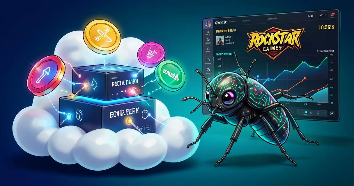 Illustration: malware bug and glowing tokens accessing a cloud data warehouse with game analytics dashboard