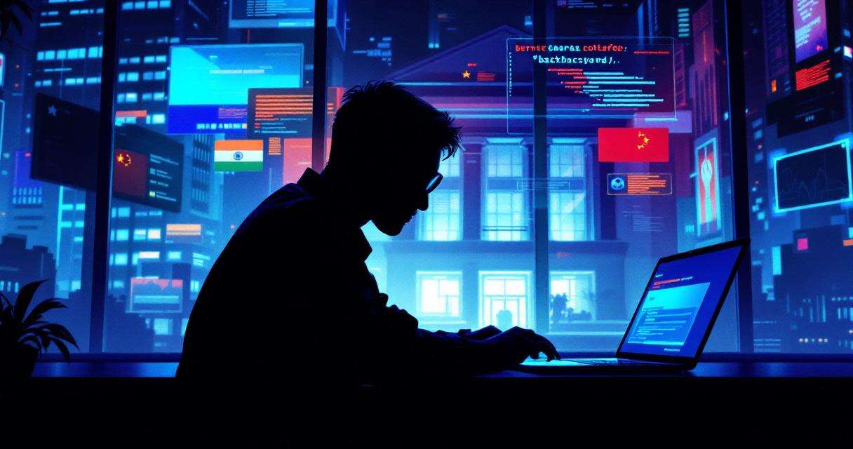 Silhouette operator at laptop with bank façade and country flags in background