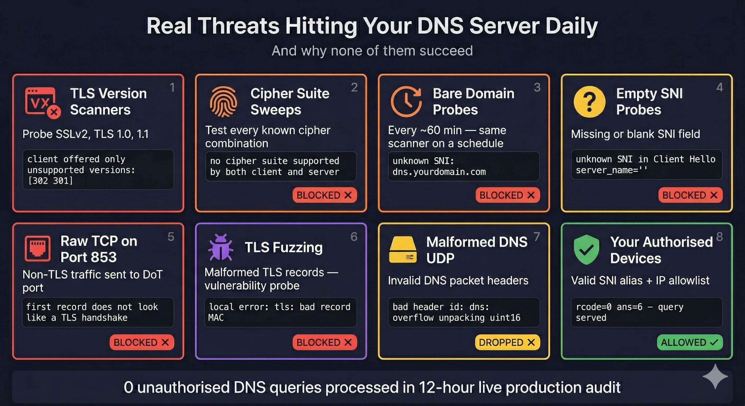 Real threats hitting a DNS server daily — TLS version scanners, cipher suite sweeps, bare domain probes, raw TCP attacks, all blocked