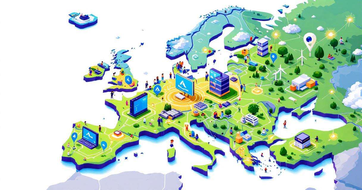 Stylized map of Europe with Azure datacenters, cloud and AI nodes