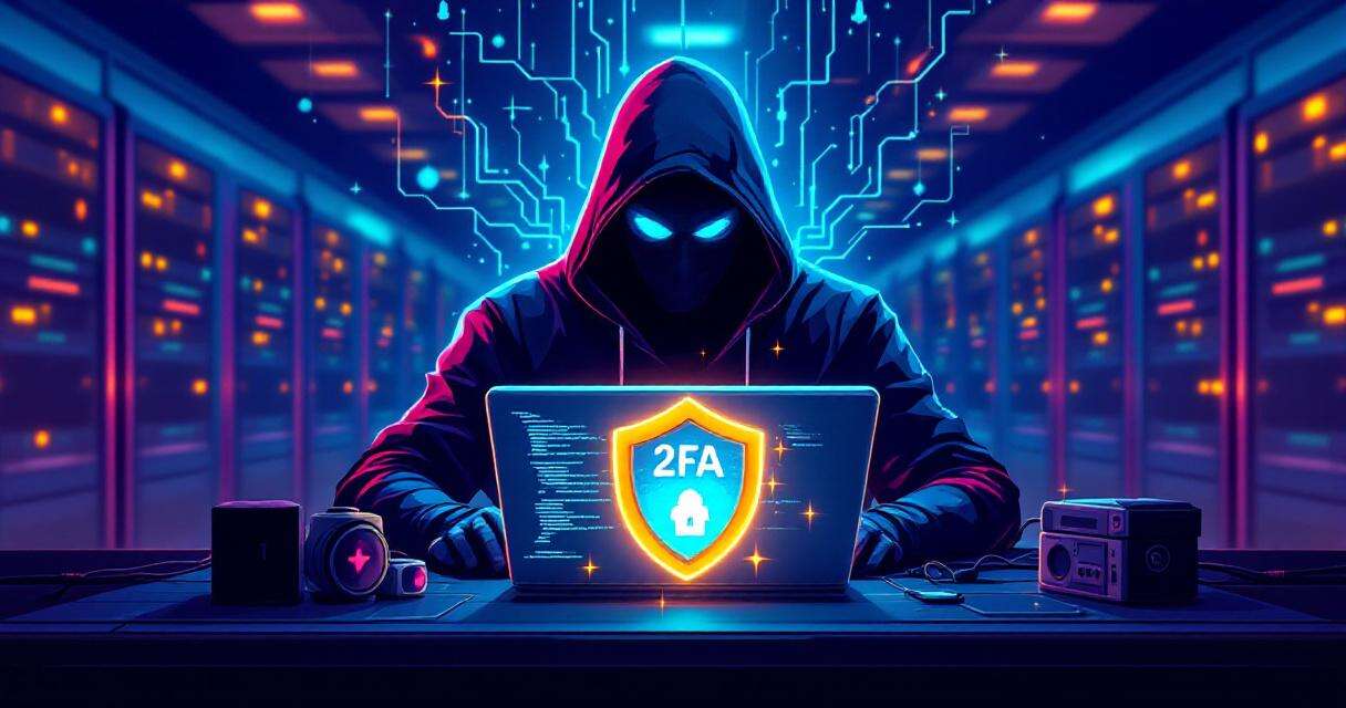 Shadowy hacker with AI brain generating Python code and a cracked 2FA shield