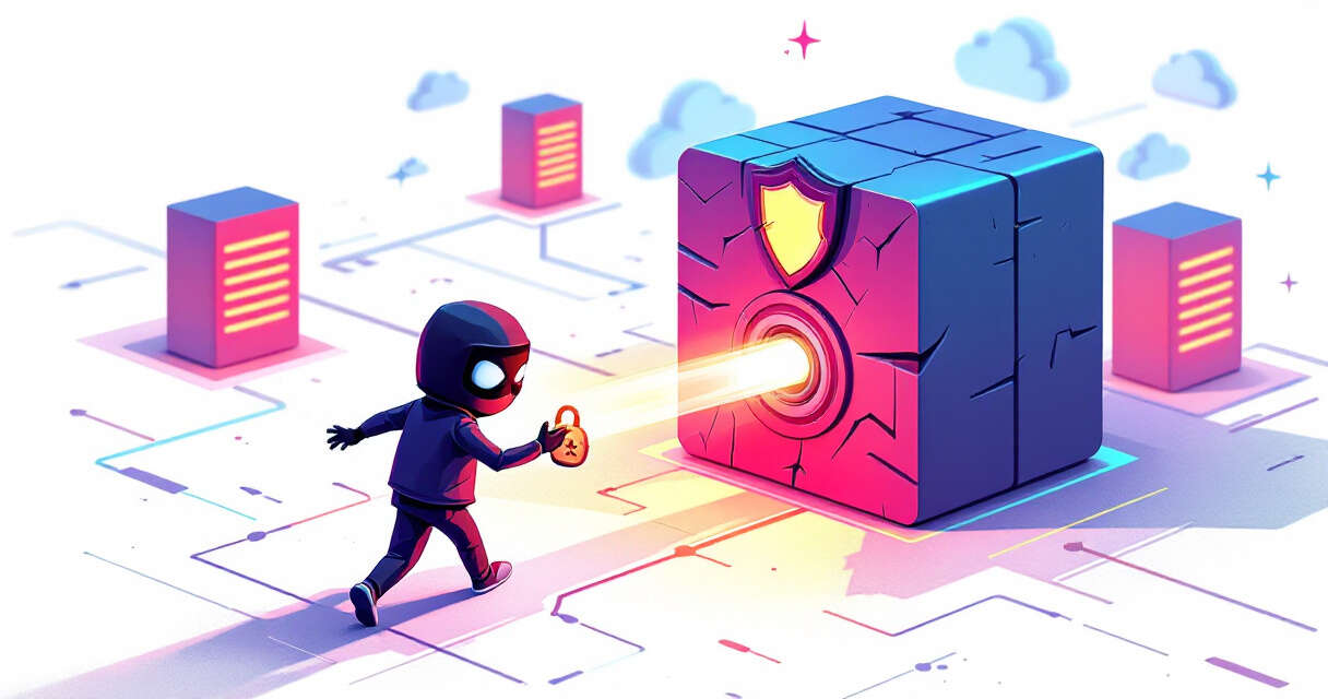 Cartoon illustration of VPN gateway bypass with hacker holding a forged cookie approaching a cracked shield gateway