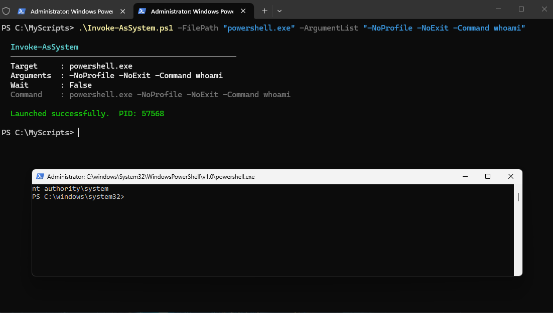 PowerShell running on NT AUTHORITY\SYSTEM