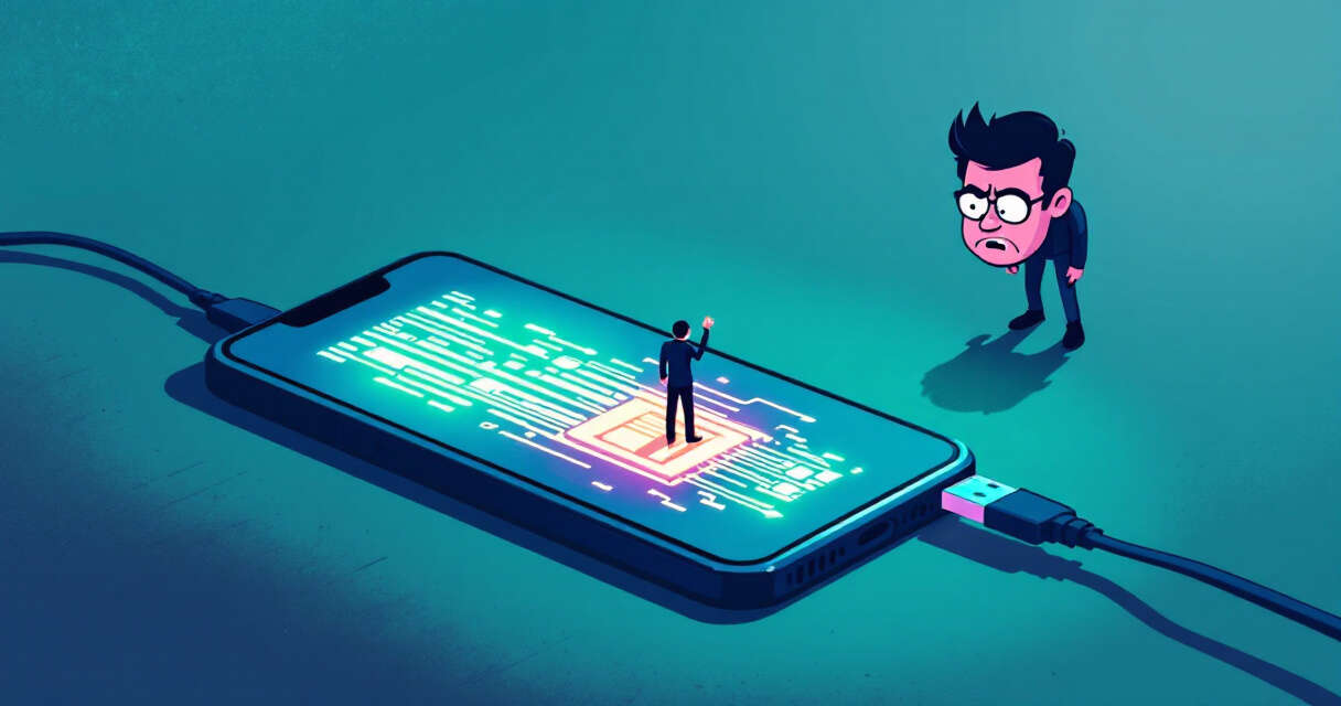 Cartoonish illustration of iPhone forensic extraction: glowing data streams and observer