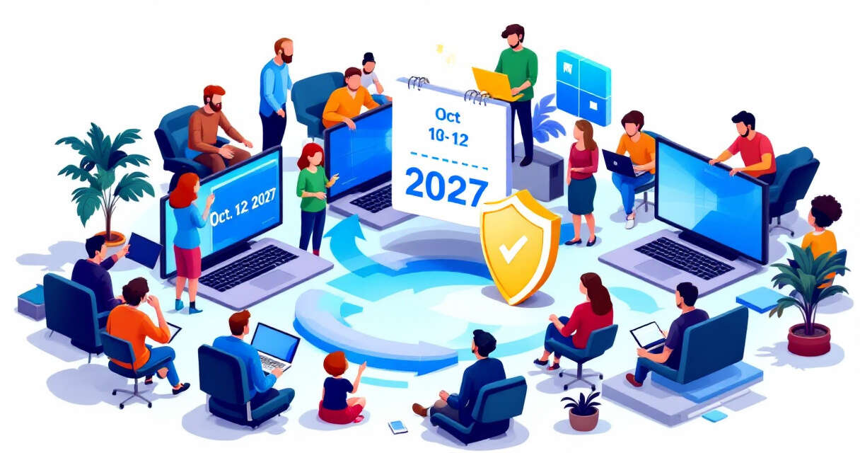 Illustration: Windows 10 users, calendar Oct 12, 2027, shield icon, arrow to Windows 11