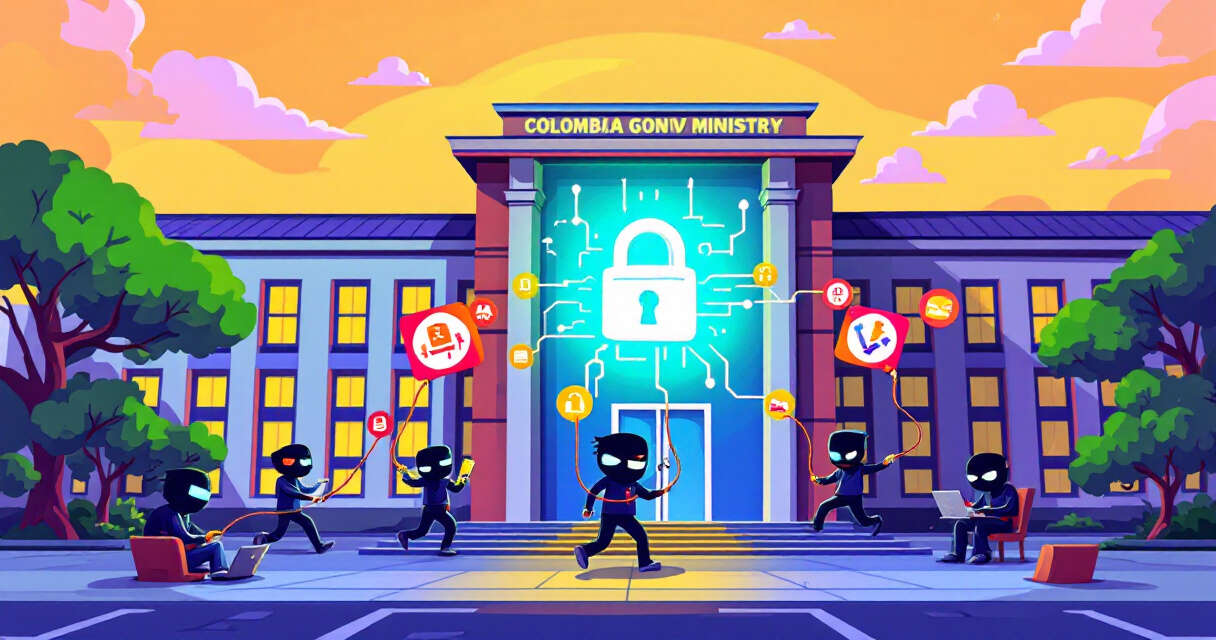 Colombian Justice Ministry building with digital padlock and IT responders