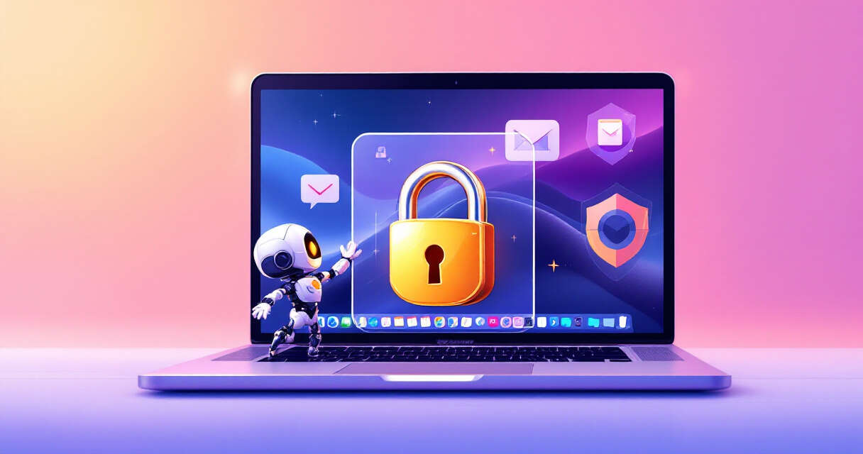Mac laptop with padlock protecting messages from AI robot