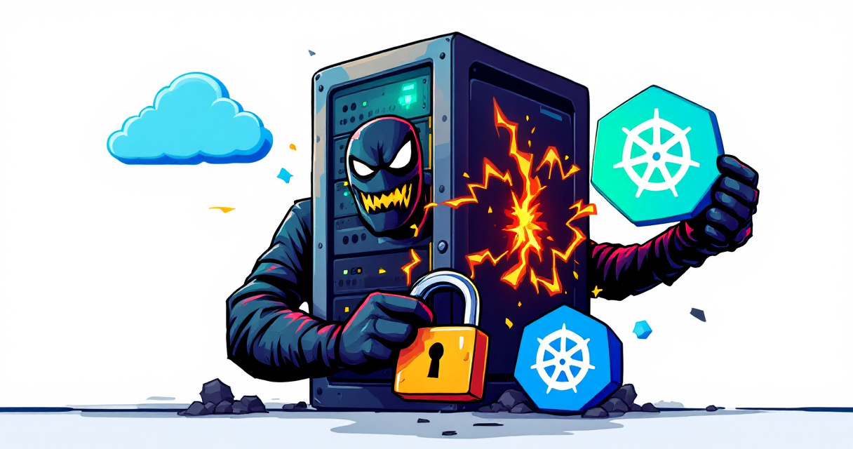 illustration of data center under attack with cracked padlock and hacker manipulating containers and Kubernetes