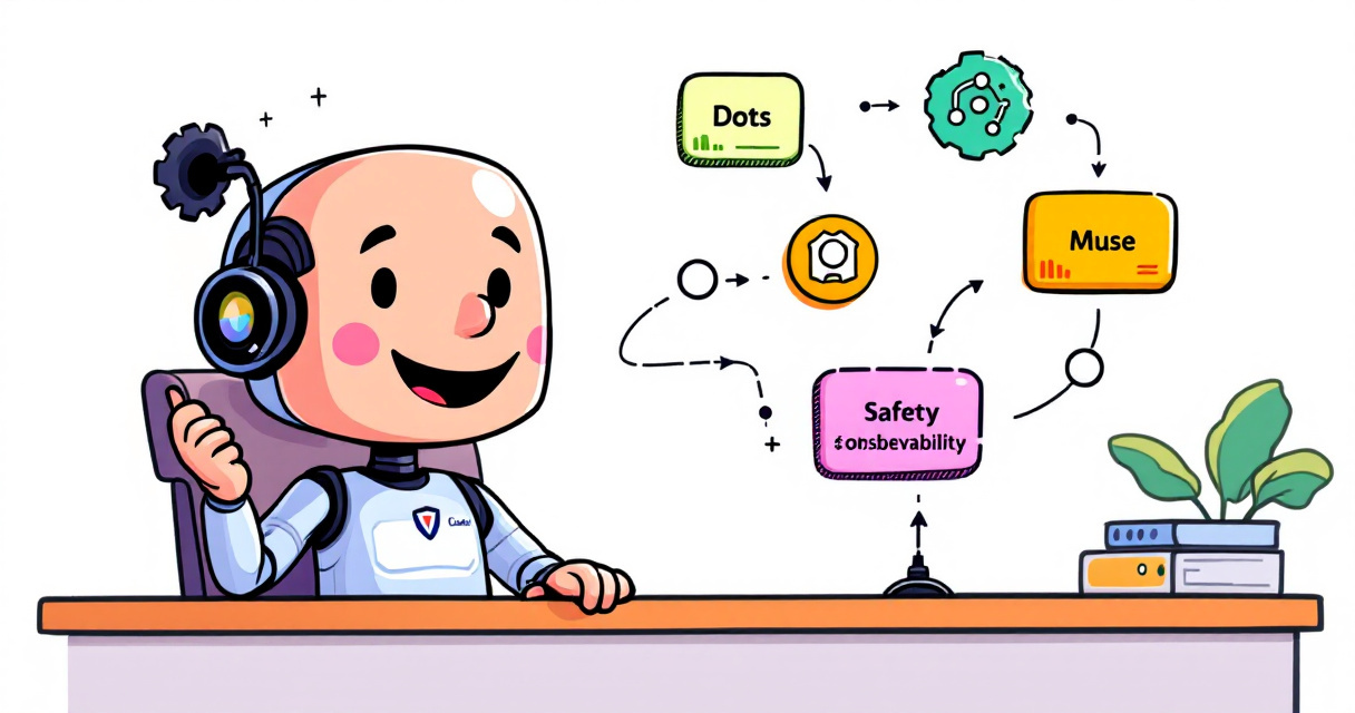 Claude orchestrating Dots and Muse with safety and monitoring icons