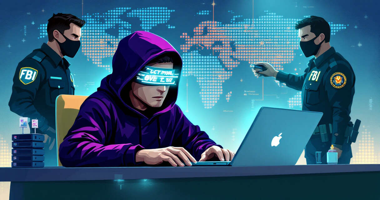 Illustration of detained hacker handing over drives to law enforcement