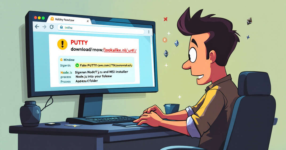 Cartoon of IT admin viewing fake PuTTY download