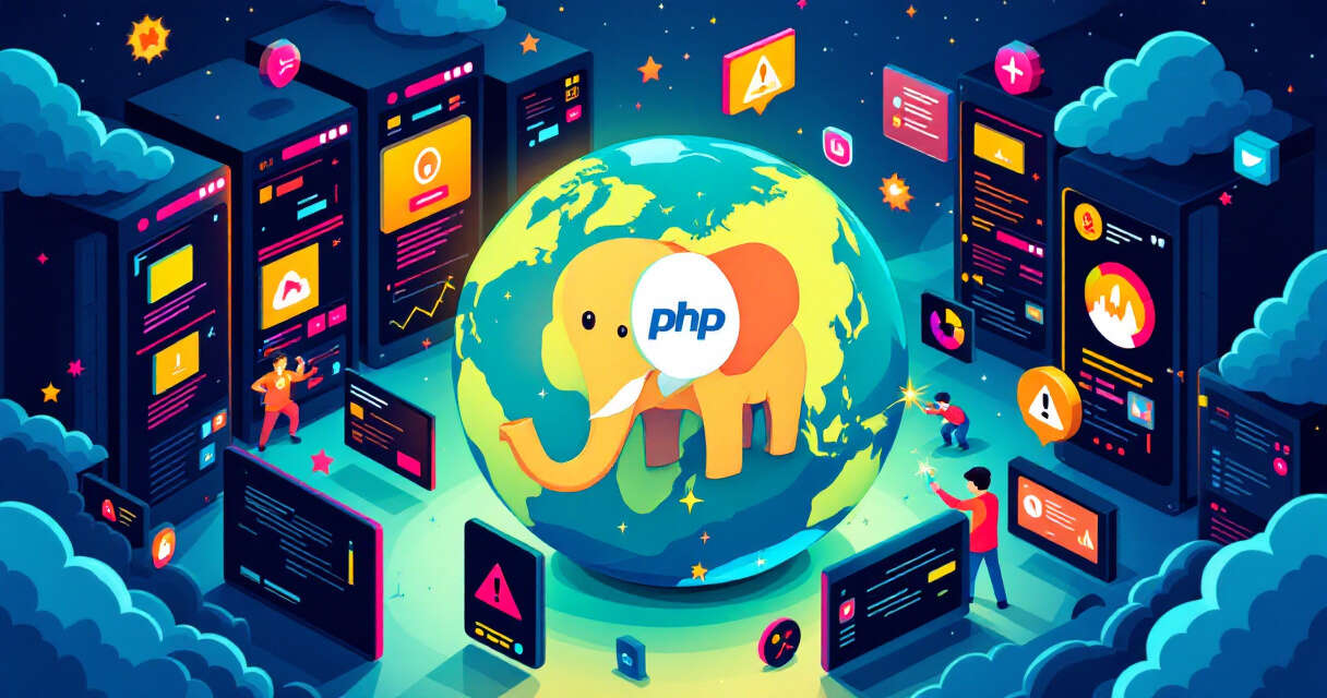 Cartoon illustration of globe with PHP elephant and offline websites