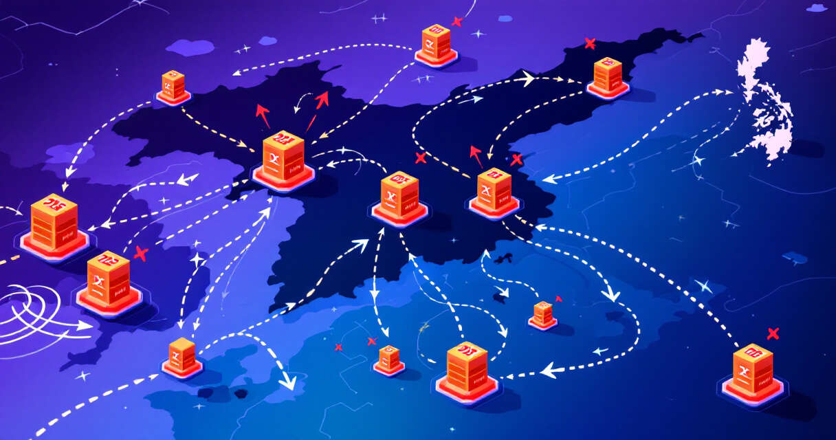 North Korea map with incoming DDoS traffic arrows and offline DNS servers