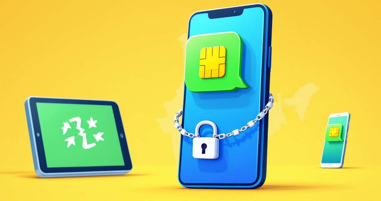 Smartphone chained to SIM and messaging bubble representing SIM-binding policy in India