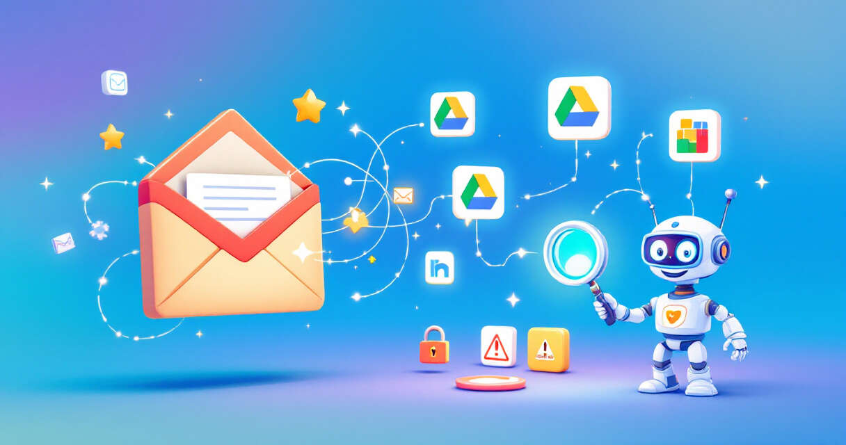 Illustration showing Gmail, Drive, Photos connected to an AI with privacy icons and ad banner