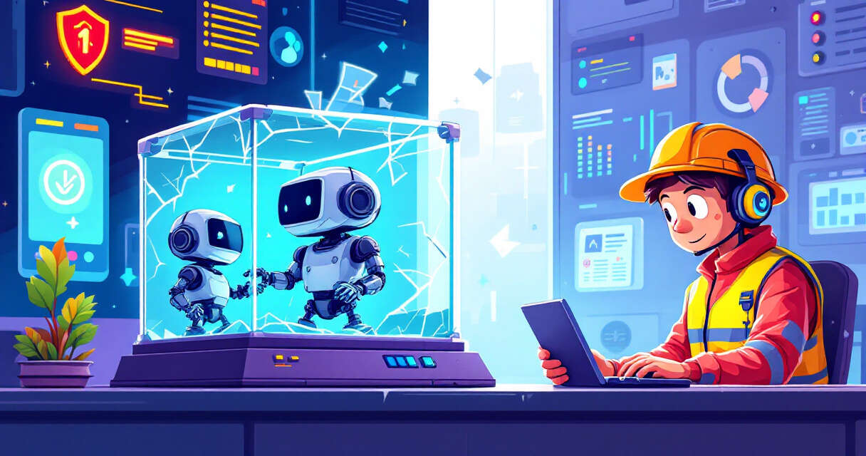 Two robot agents exchanging data across microVMs, red-team engineers monitoring