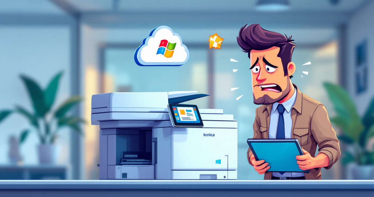 IT admin beside Konica Minolta style printer with pending job and cracked Windows 11 logo