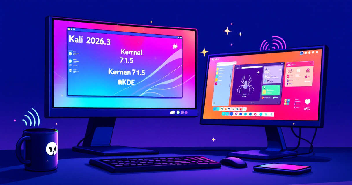 Cartoonish Kali Linux workstation with multiple monitors and NetHunter watch