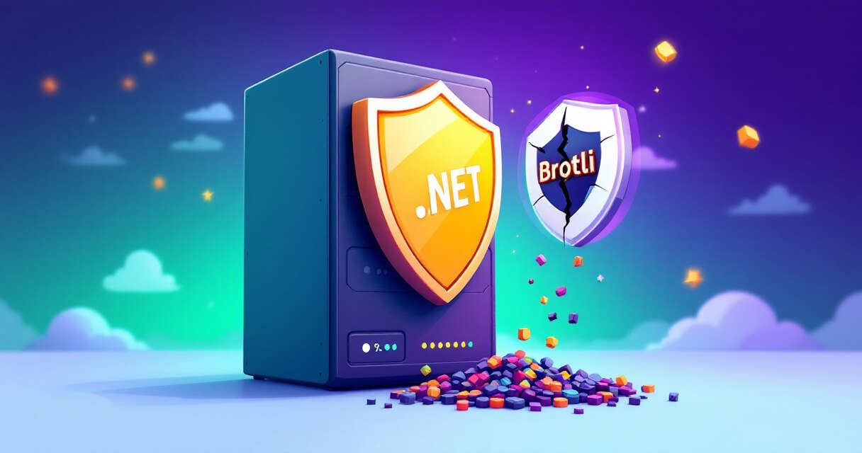 secure server with .NET badge and cracked Brotli icon