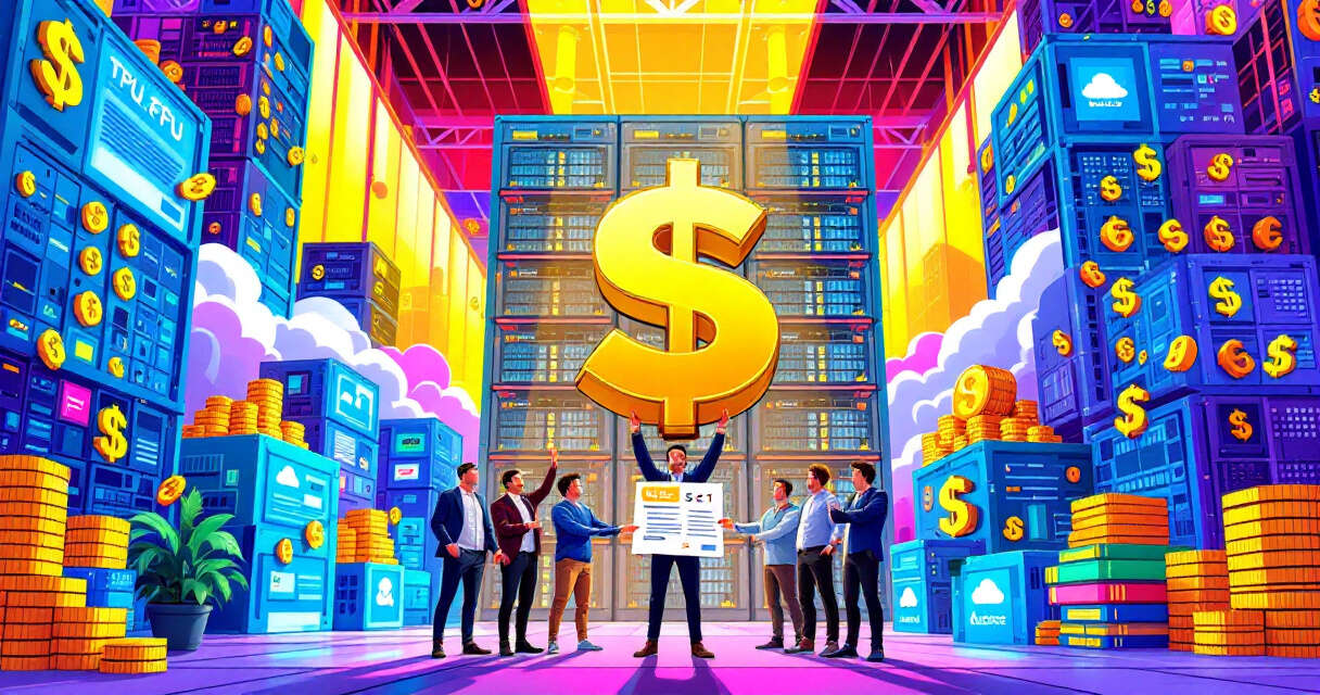 Cartoonish illustration of data center with founders holding Class F share