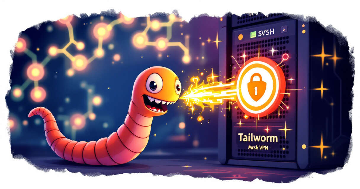 Cartoon of Tailworm attacking a mesh VPN and SSH padlock