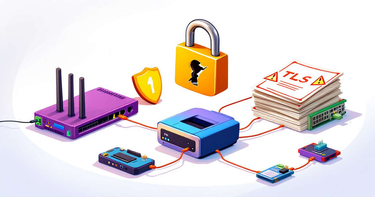 Illustration of embedded devices with broken TLS padlock and certificates