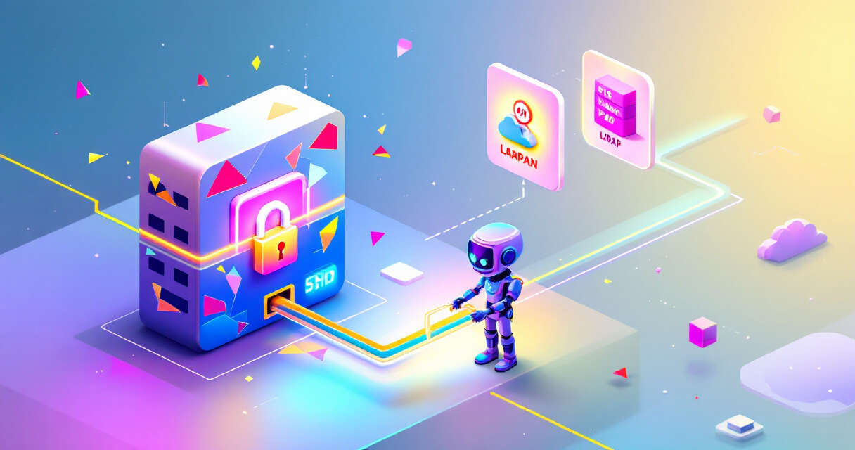 AI-assisted intrusion illustration showing cracked firewall, AI robot inserting PHP web shell, and SSH tunnel to remote server