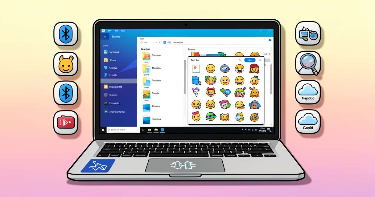 Windows 11 laptop illustration showing File Explorer, emoji panel, and touchpad gesture arrows