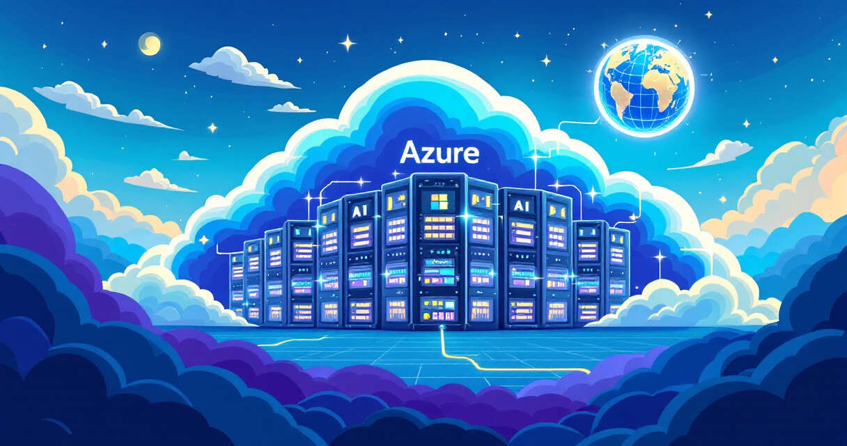 Azure cloud-shaped data center with servers and AI nodes
