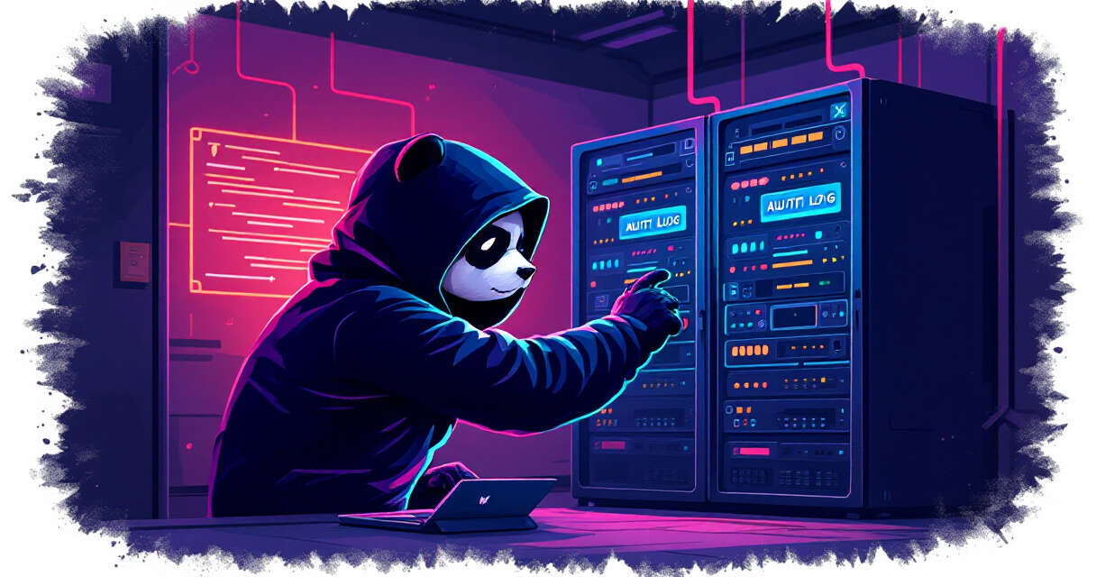 Stealthy panda-shaped hacker manipulating VMware ESX server rack, audit logs fading