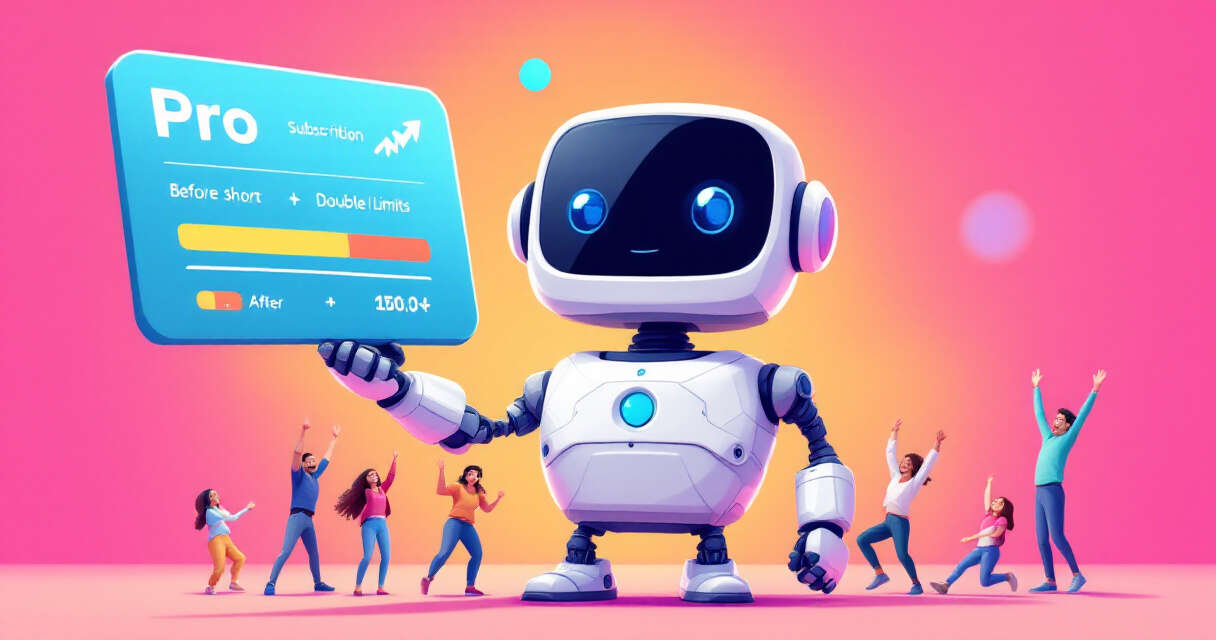 Cartoonish AI assistant holding a Pro subscription card