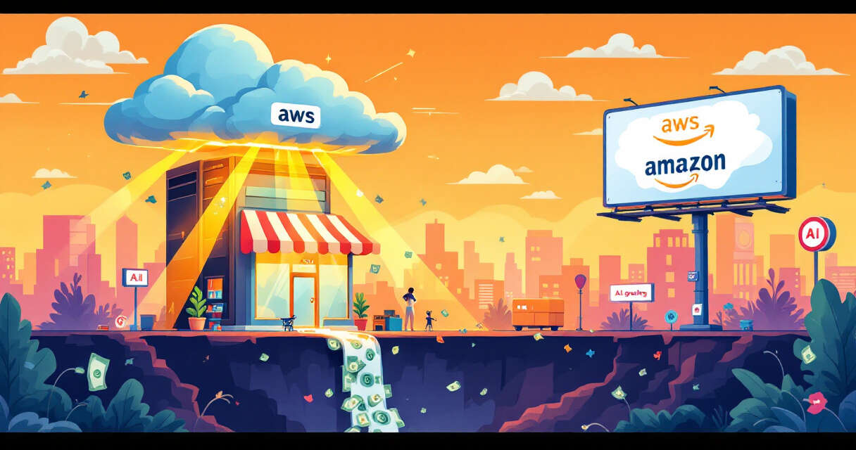 Cartoonish illustration of AWS cloud powering Amazon storefront while dollars flow into an AI spending pit