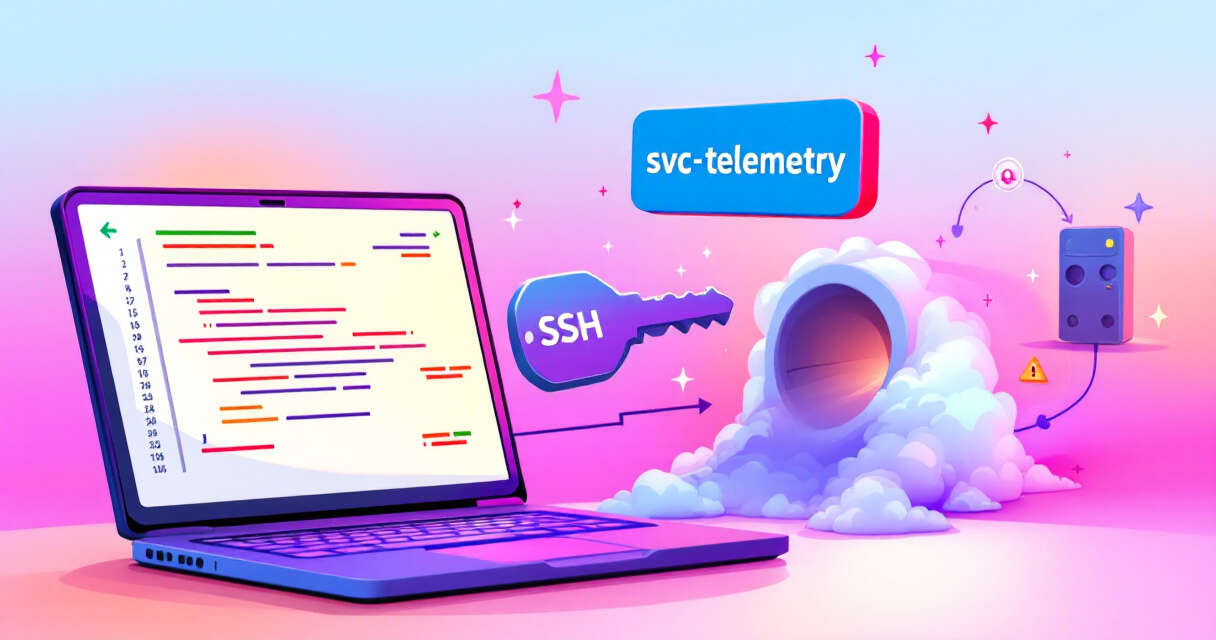developer laptop with reverse SSH tunnel and svc-telemetry key