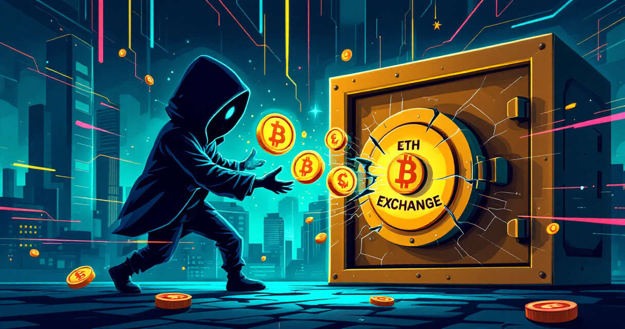 Silhouette hooded figure moving cryptocurrency tokens from an exchange vault