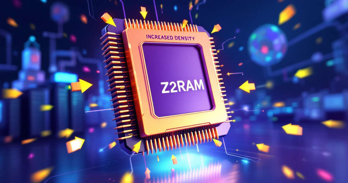 3D cartoon illustration of stacked Z2RAM memory chip with glowing signals